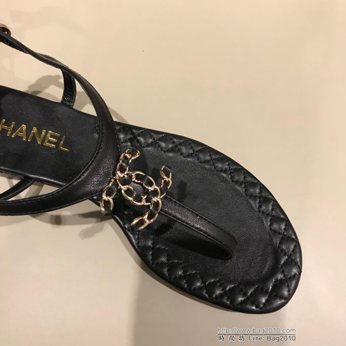 CHANEL香奈兒 火爆網紅款 18ss新款 特別款 雙Clogo夾腳涼鞋 羊皮鞋面 真皮大底  dsX1906